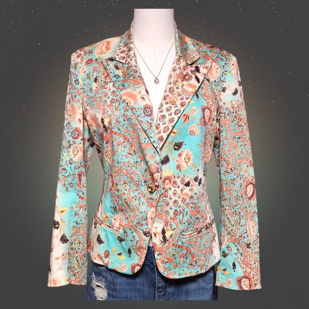 Mezmerize Womens M Blazer Jacket Teal Boho Cottagecore Eclectic Floral Paisley